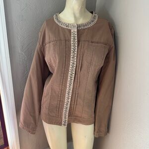 Chico's Brown Denim Beaded Embroidered Trim Casual Blazer size 2 (L)